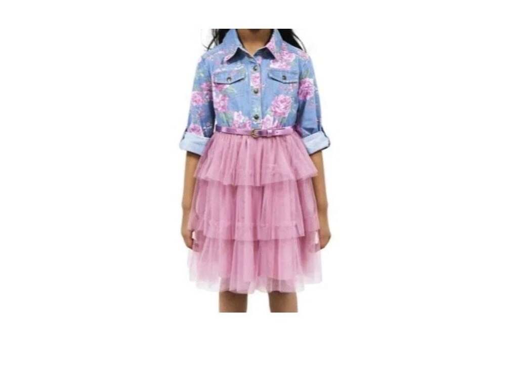Pink & Violet Girls Floral Print Denim Bodice Tulle Tutu Dress w/ Metallic Belt